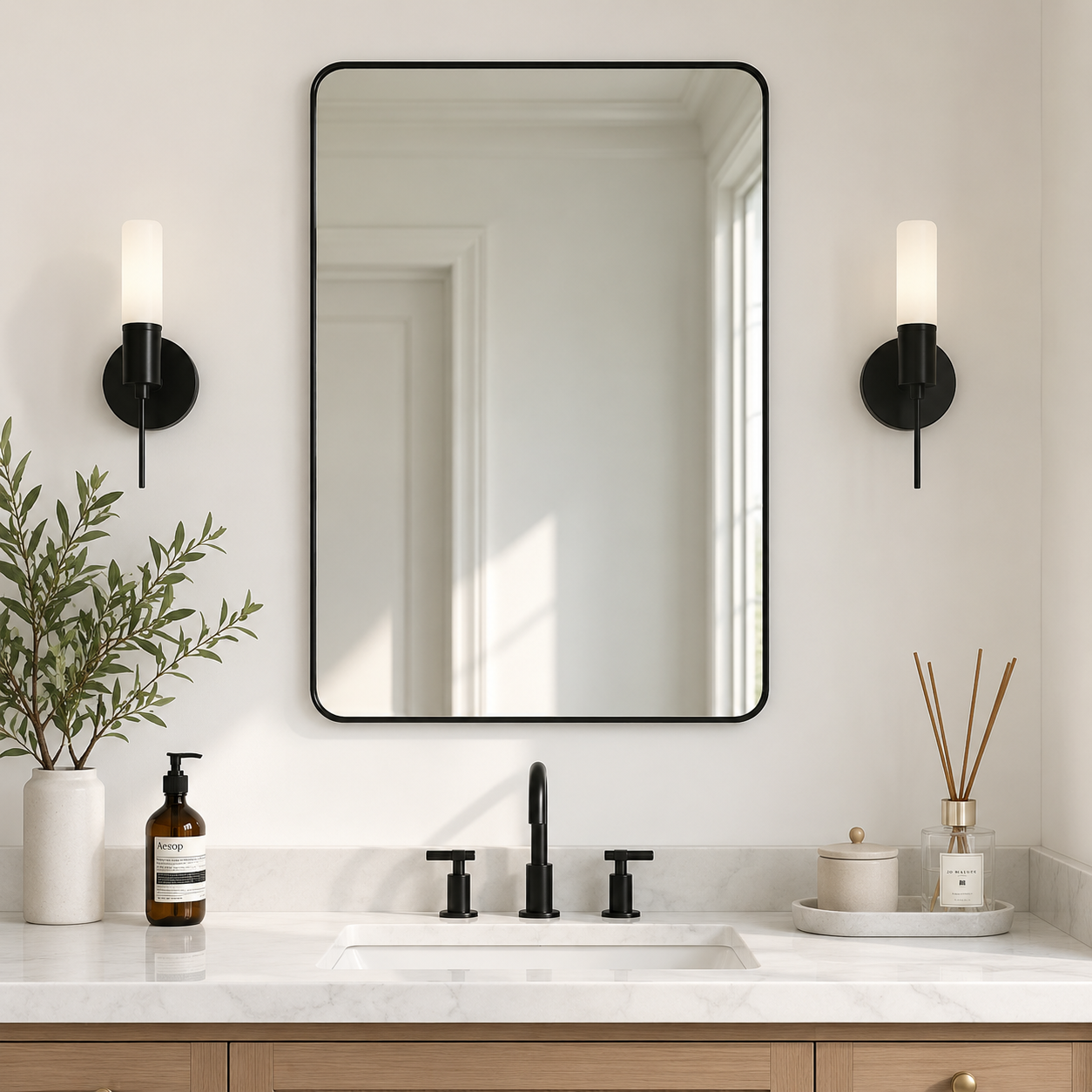 Modern Rounded Rectangle Mirror for Bathroom/ Vanity/ Wall | Stainless Steel Frame