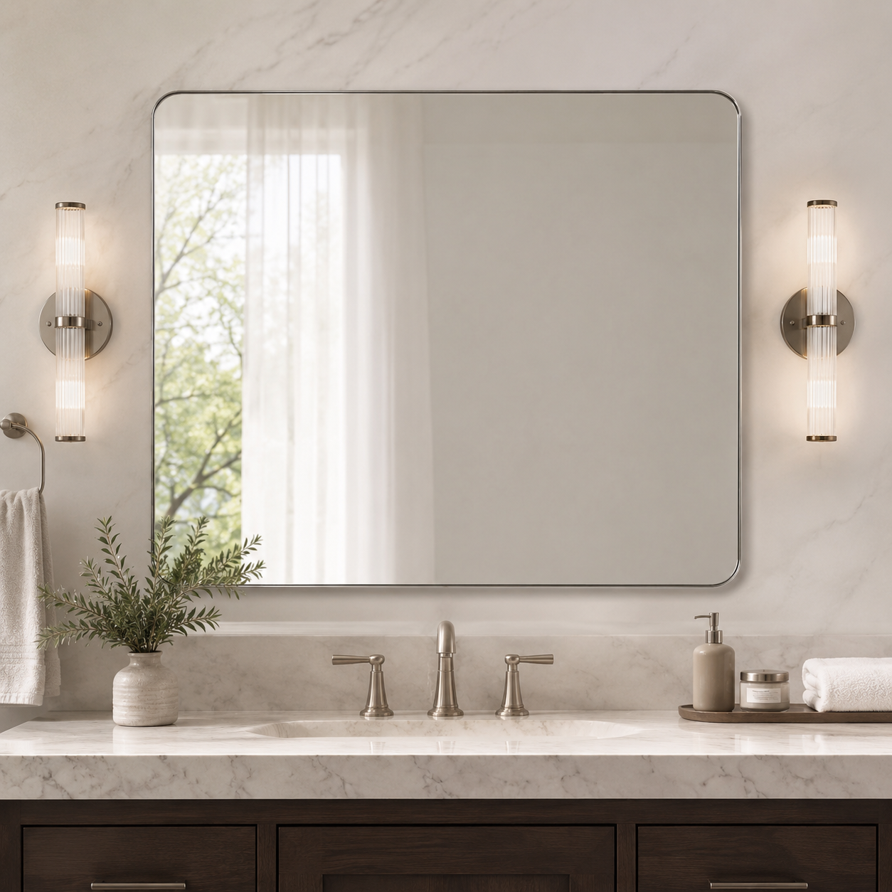 Modern Rounded Rectangle Mirror for Bathroom/ Vanity/ Wall | Stainless Steel Frame