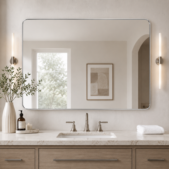 Modern Rounded Rectangle Mirror for Bathroom/ Vanity/ Wall | Stainless Steel Frame