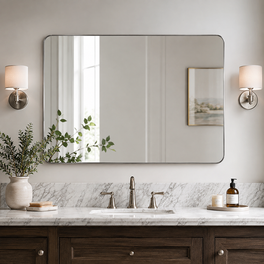 Modern Rounded Rectangle Mirror for Bathroom/ Vanity/ Wall | Stainless Steel Frame