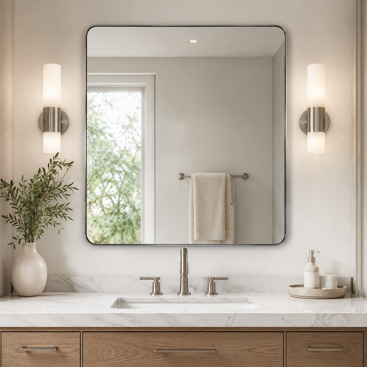 Modern Rounded Rectangle Mirror for Bathroom/ Vanity/ Wall | Stainless Steel Frame