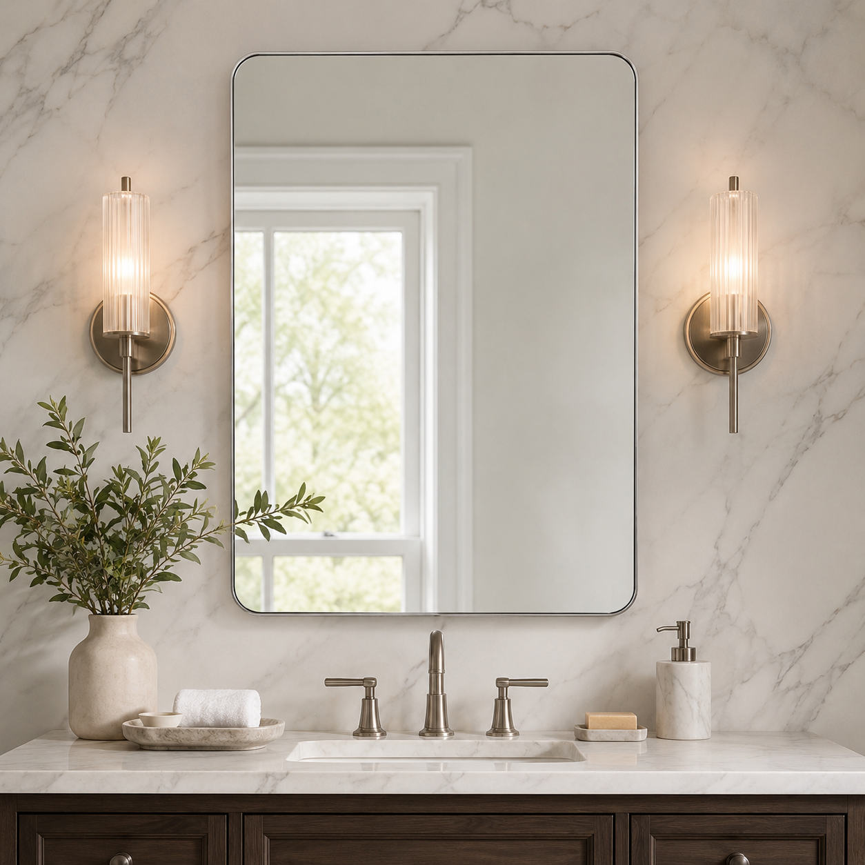 Modern Rounded Rectangle Mirror for Bathroom/ Vanity/ Wall | Stainless Steel Frame