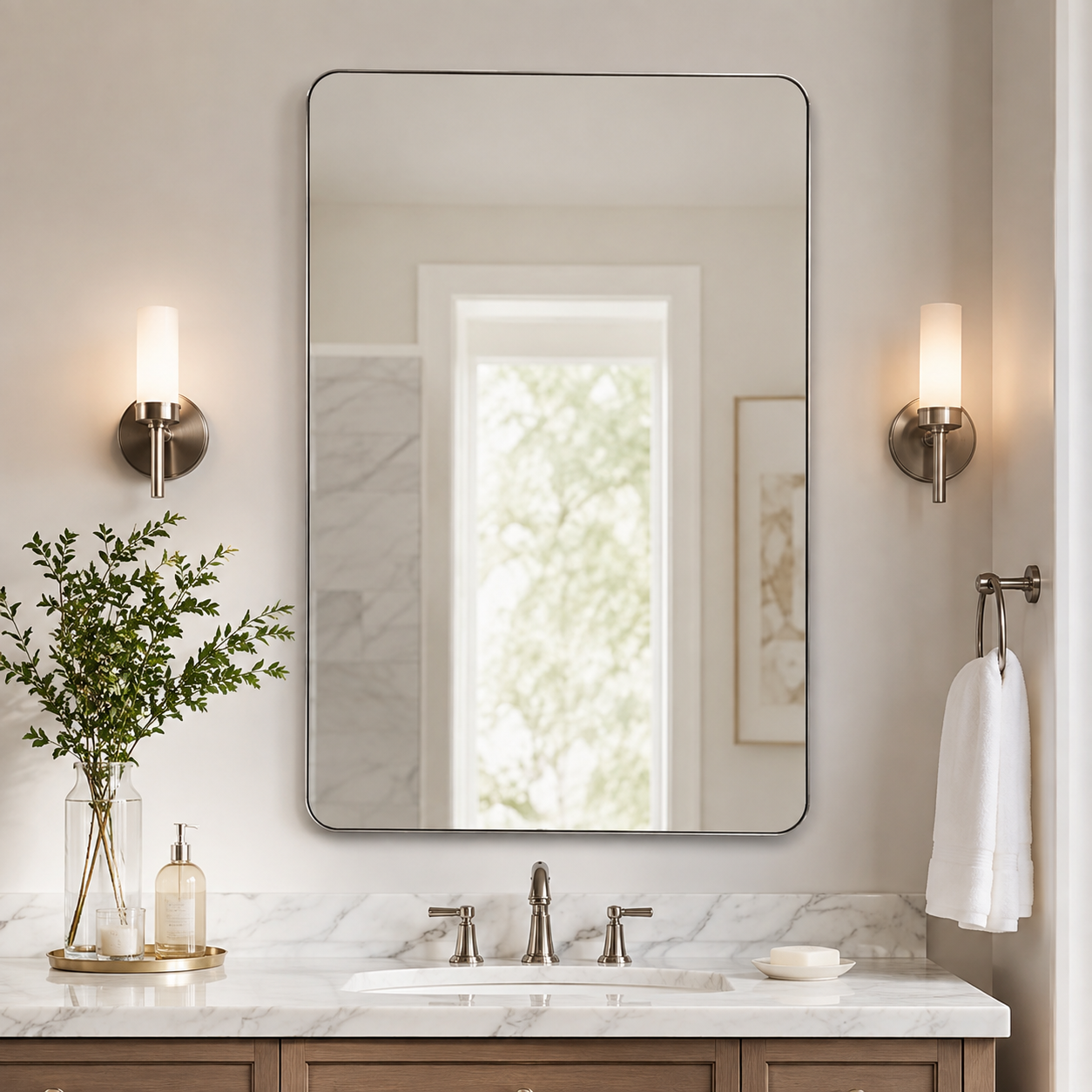 Modern Rounded Rectangle Mirror for Bathroom/ Vanity/ Wall | Stainless Steel Frame