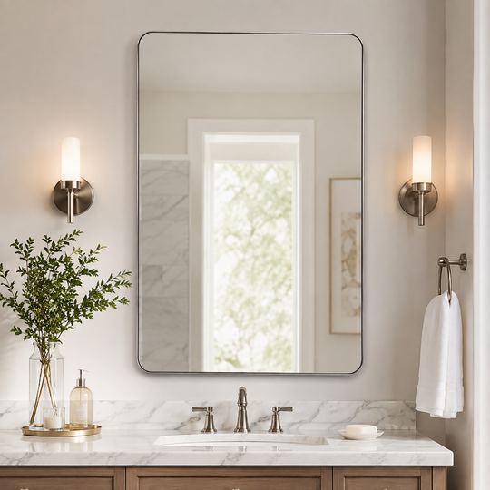 Modern Rounded Rectangle Mirror for Bathroom/ Vanity/ Wall | Stainless Steel Frame