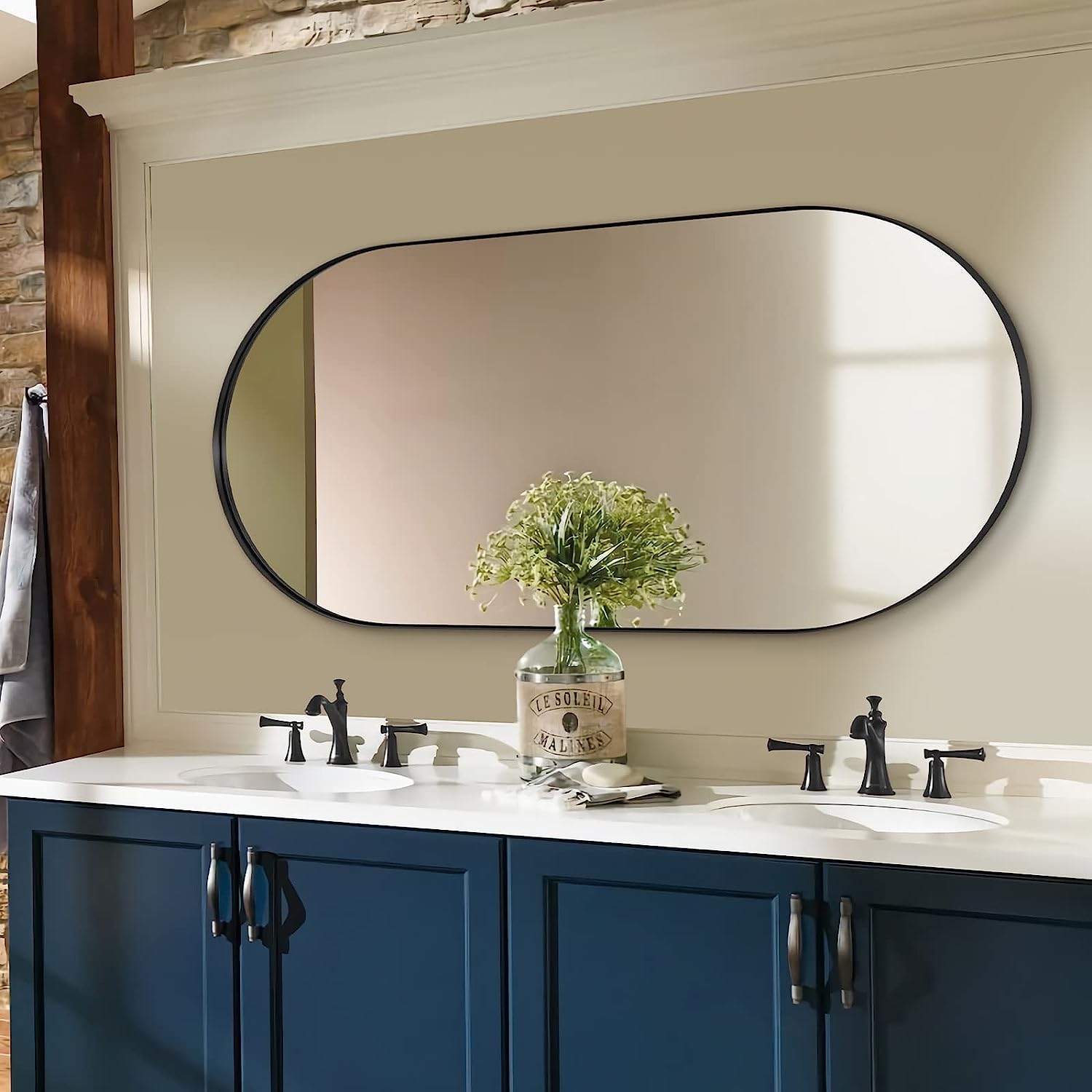 Modern Pill Shaped Capsule Wall Mirrors Long Oval Bathroom Vanity Mirror | Stainless Steel Frame