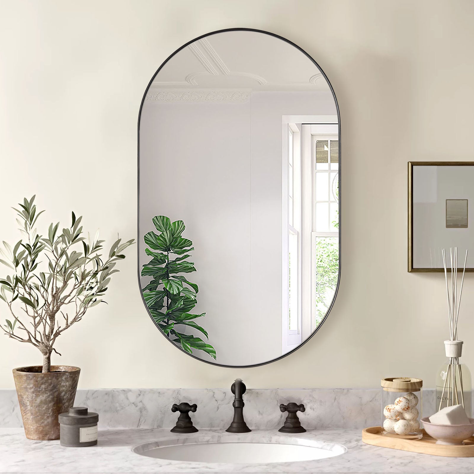 Contemporary Pill / Capsule Shaped Bathroom Wall Mirrors | Stainless Steel Framed