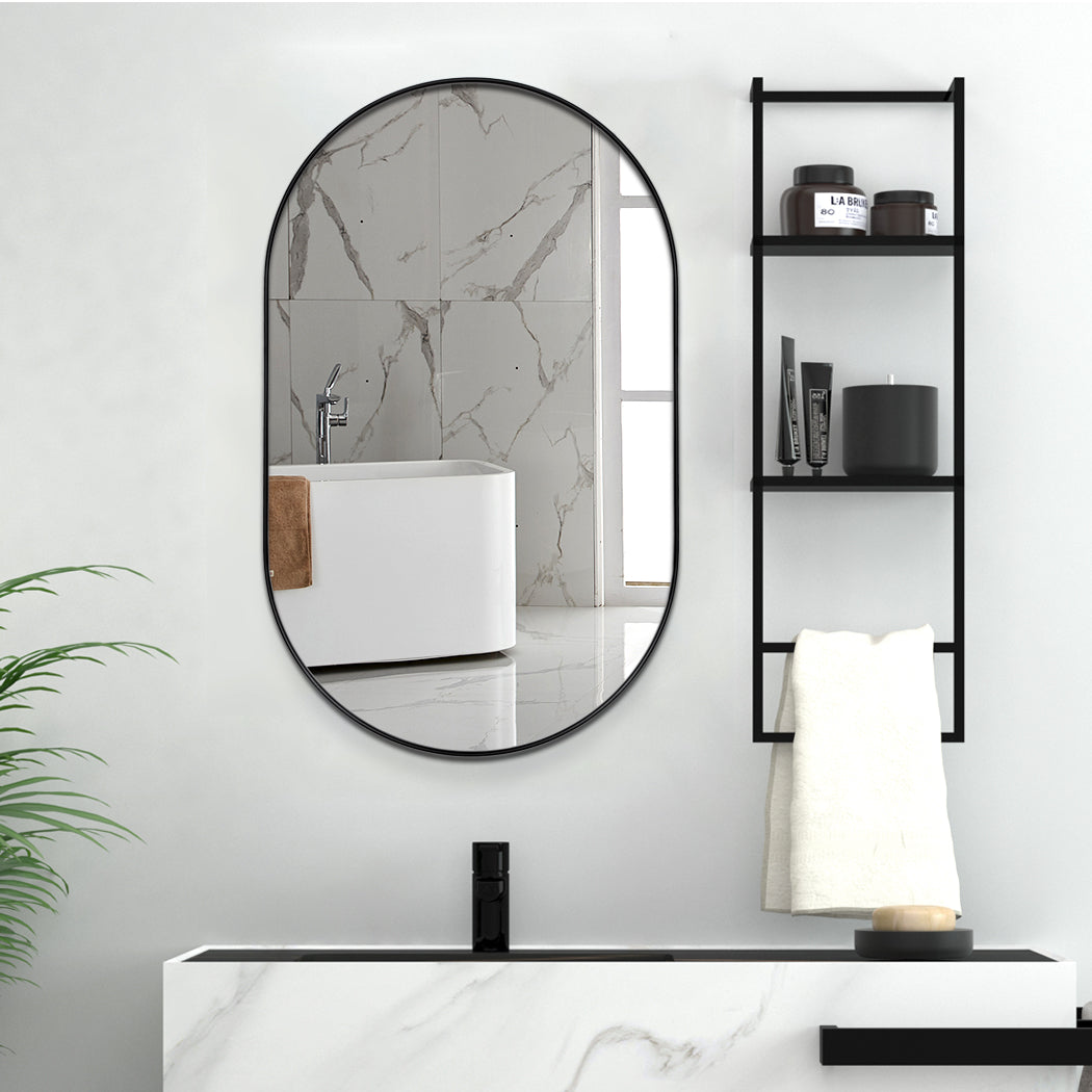 Modern Long Oval Mirror Pill Shaped Capsule Wall Mirrors | Stainless Steel Frame