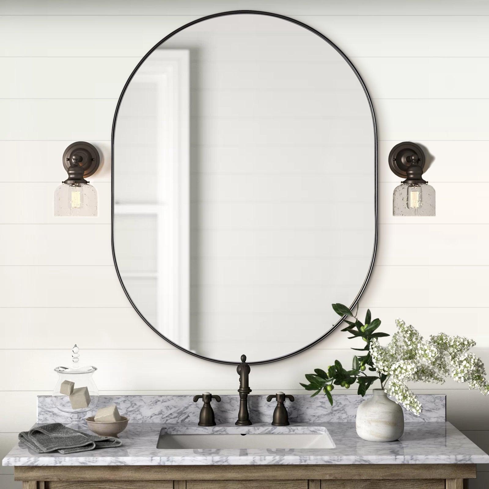 Modern Oval Mirror Pill Shaped Capsule Wall Mirrors | Stainless Steel Frame