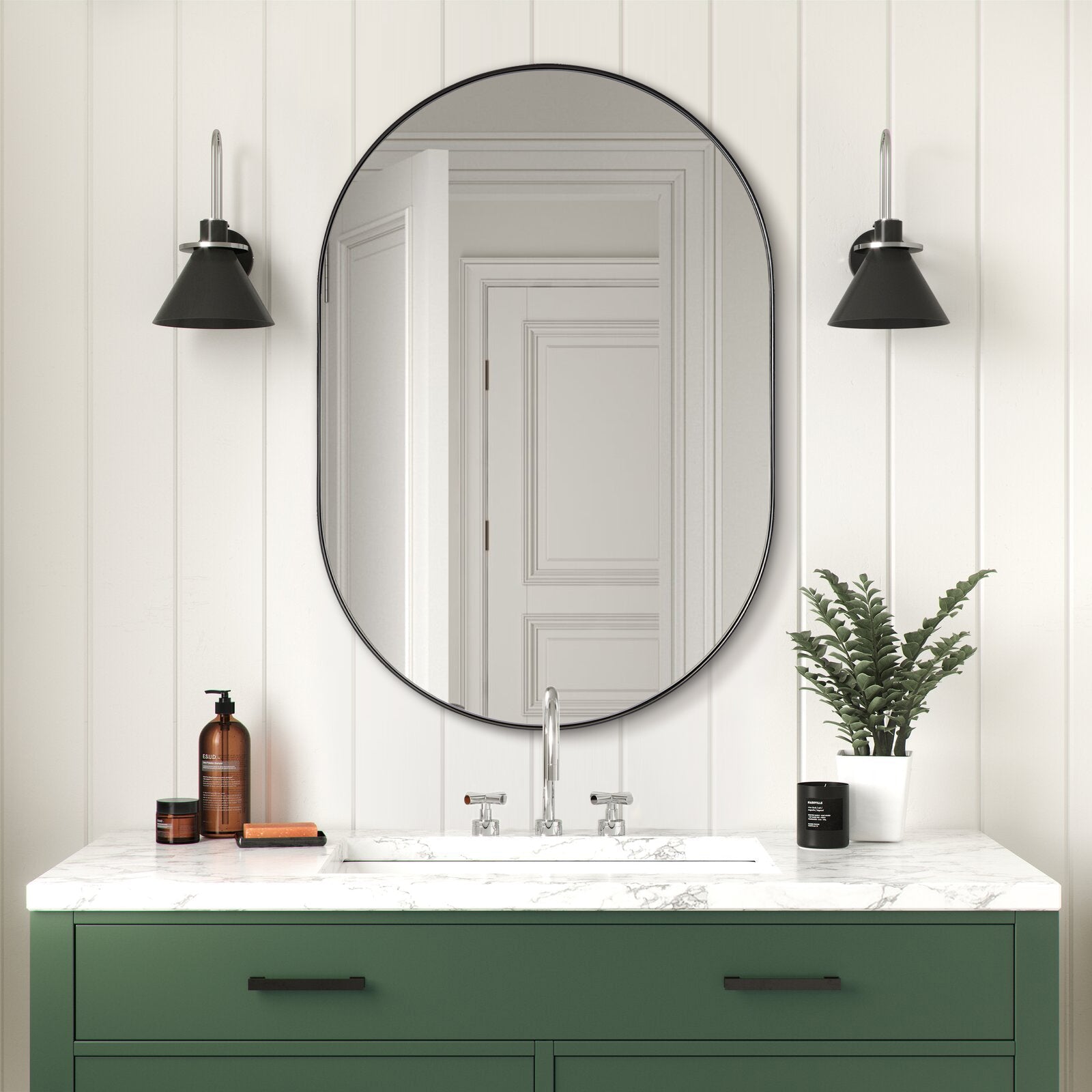 Modern Pill Shaped Capsule Wall Mirrors Long Oval Bathroom Vanity Mirror | Stainless Steel Frame