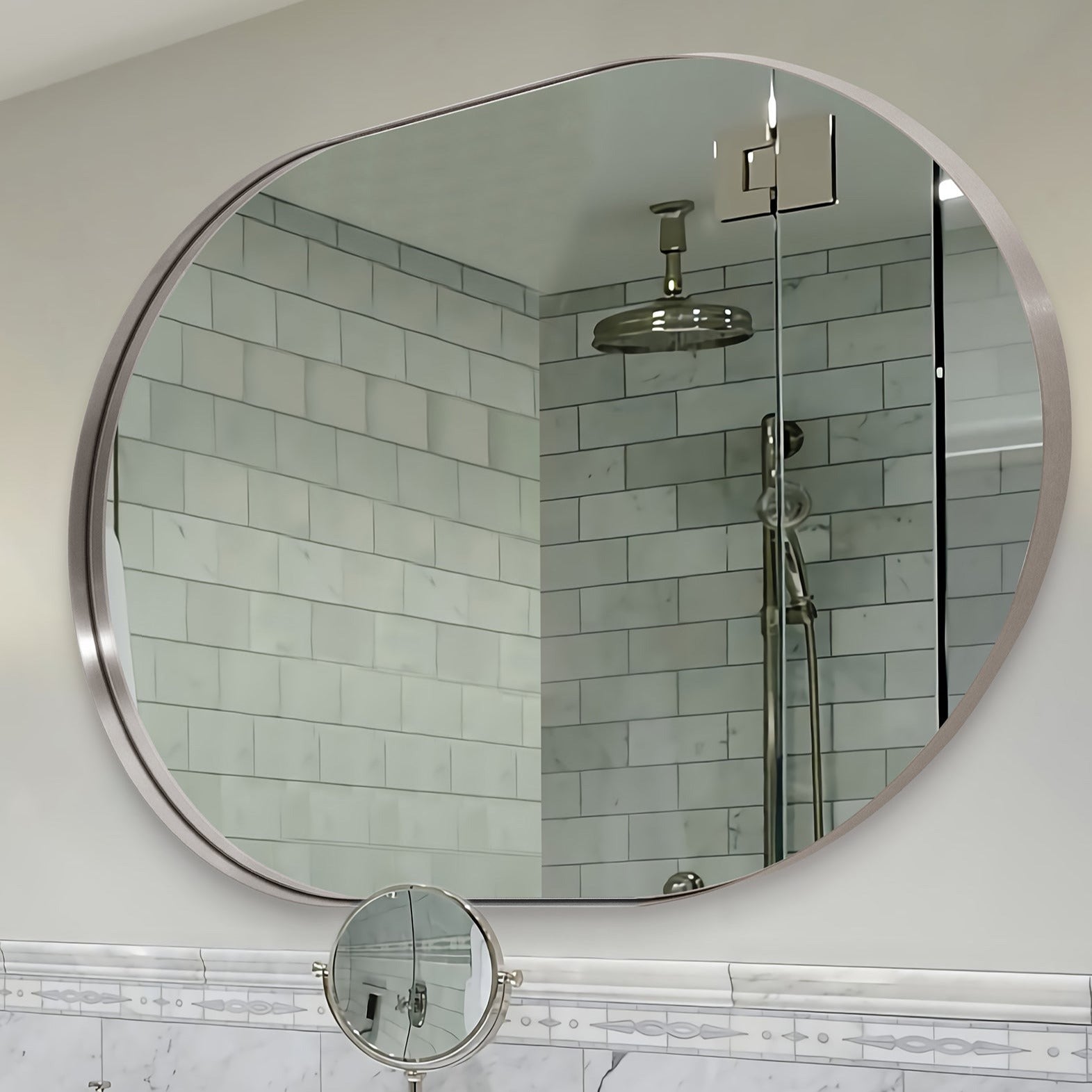 Contemporary Pill / Capsule Shaped Bathroom Wall Mirrors | Stainless Steel Framed