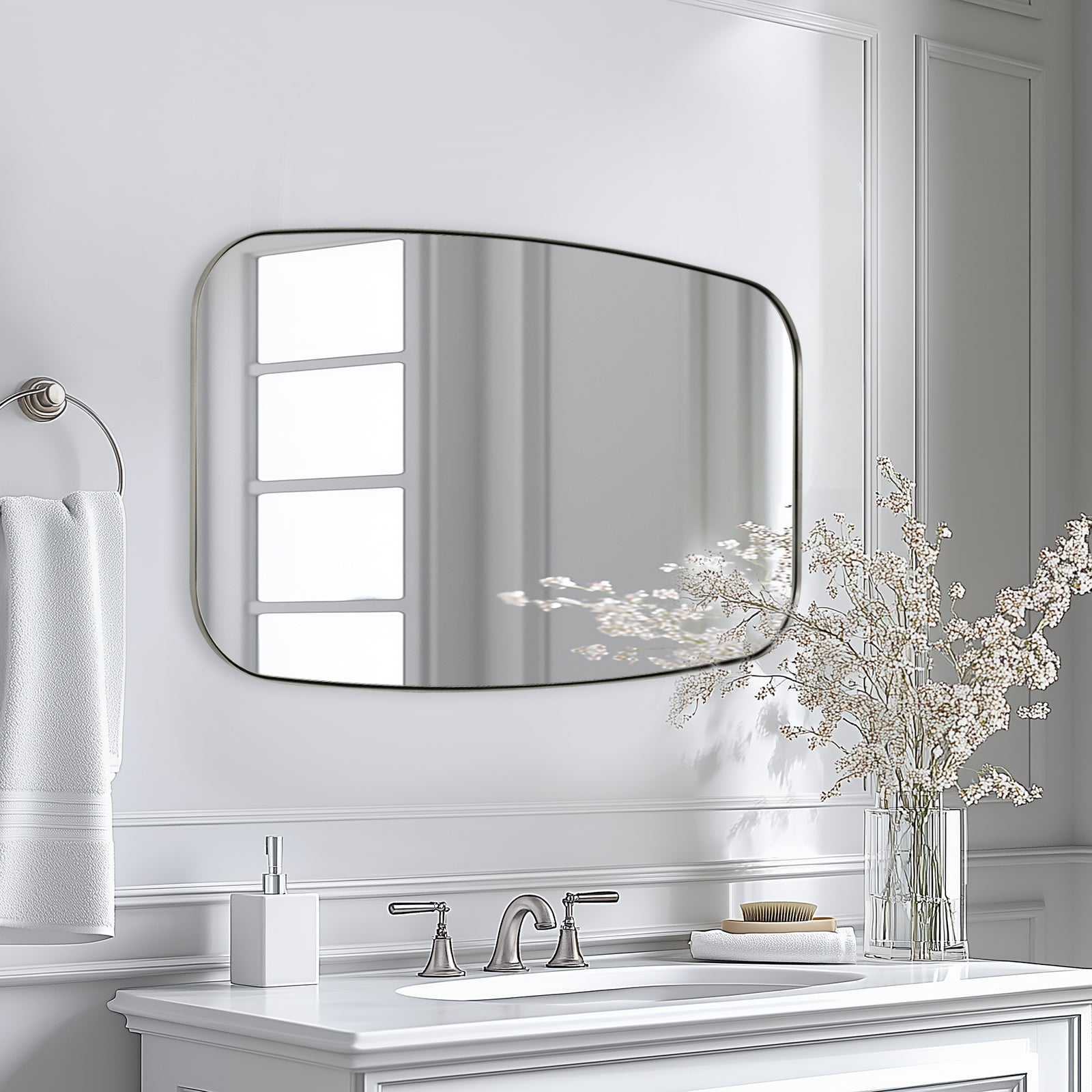 Modern Oblong Bathroom Mirror Long Oval Mirror with Stainless Steel Frame