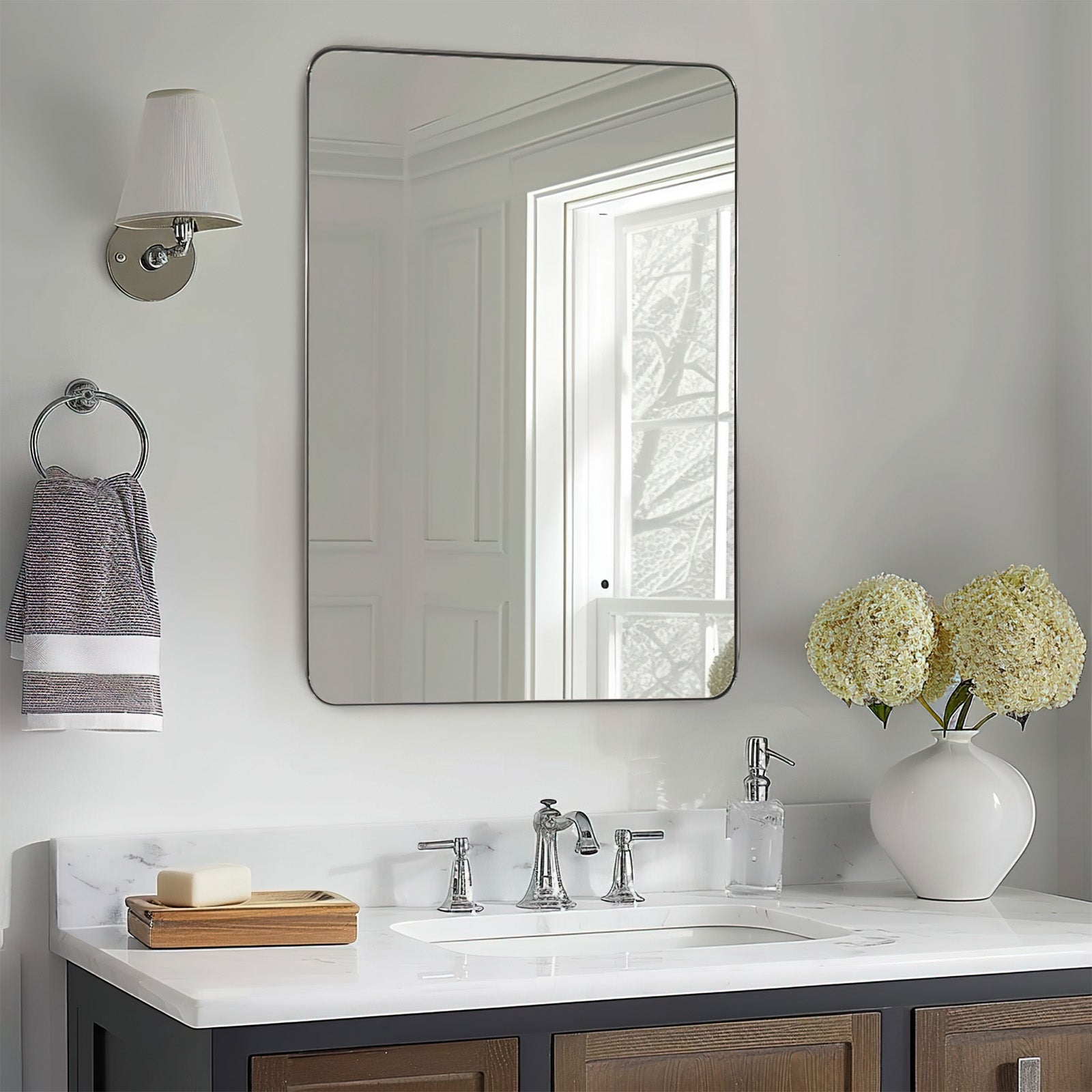 Modern Rounded Rectangle Mirror for Bathroom/ Vanity/ Wall | Stainless Steel Frame