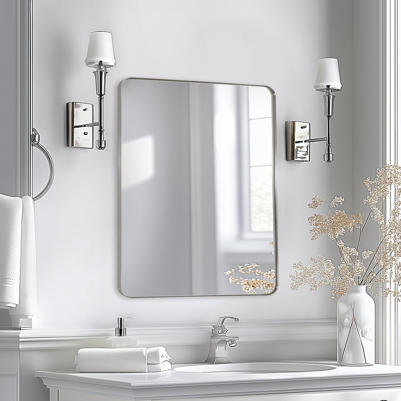 Modern Rounded Rectangle Mirror for Bathroom/ Vanity/ Wall | Stainless Steel Frame