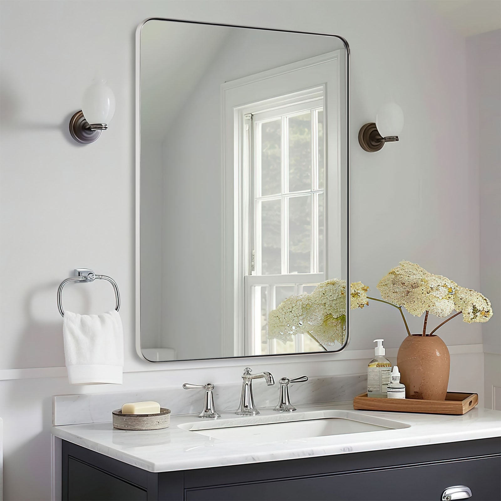 Modern Rounded Rectangle Mirror for Bathroom/ Vanity/ Wall | Stainless Steel Frame