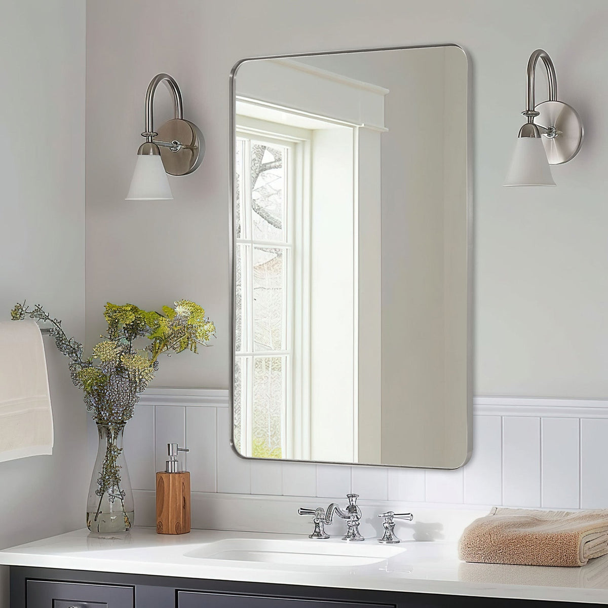 Open Box Like New : Modern Rounded Rectangle Mirror for Bathroom/ Vanity/ Wall | Stainless Steel Frame