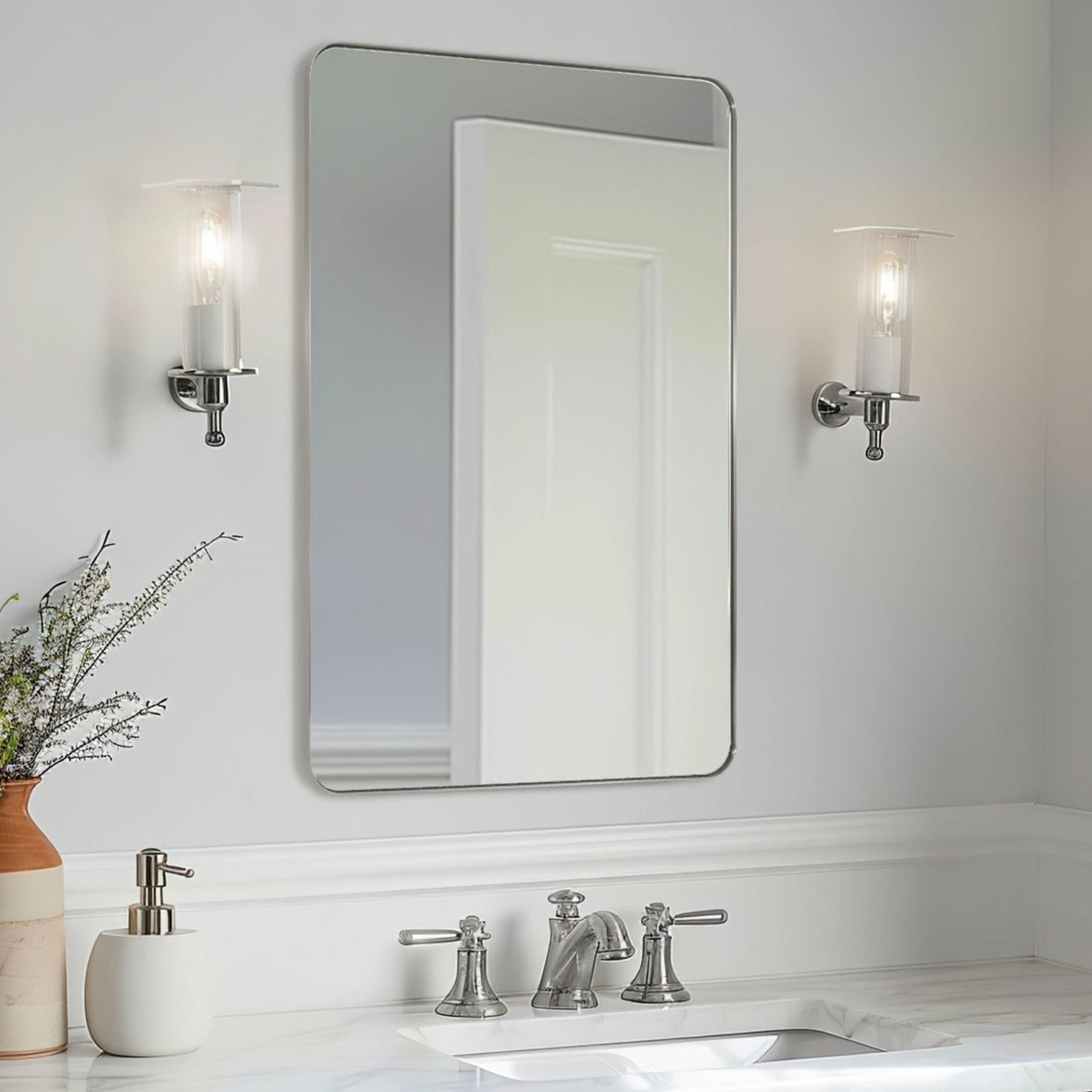 Modern Rounded Rectangle Mirror for Bathroom/ Vanity/ Wall | Stainless Steel Frame