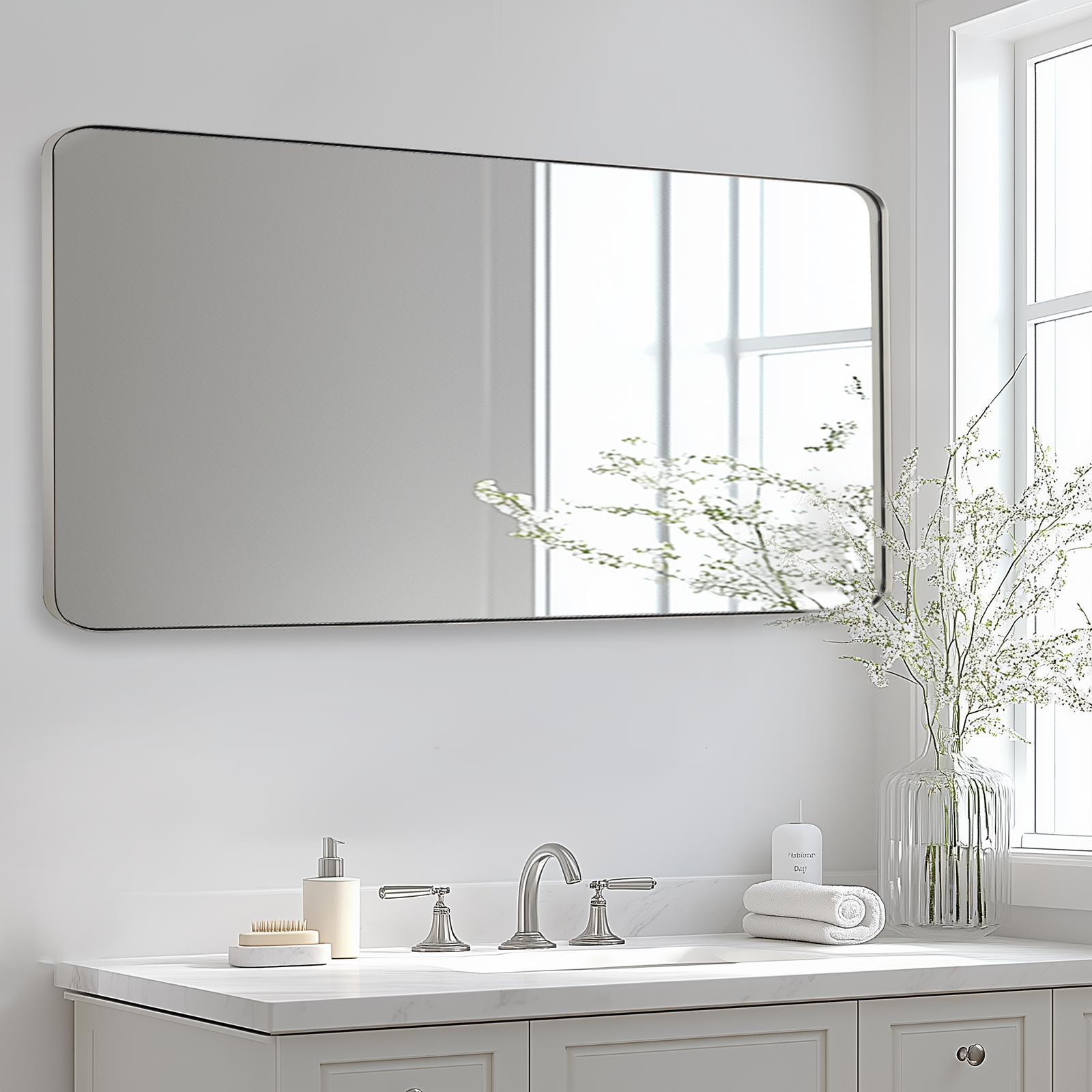 Modern Rounded Rectangle Mirror for Bathroom/ Vanity/ Wall | Stainless Steel Frame