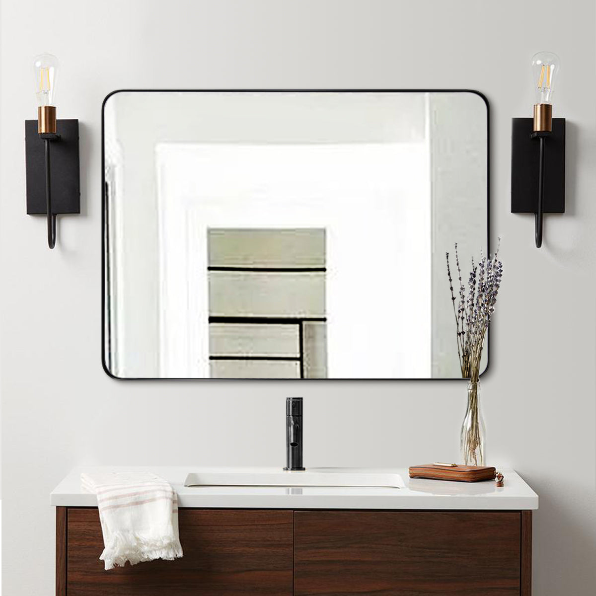 Modern Rounded Rectangle Mirror for Bathroom/ Vanity/ Wall | Stainless Steel Frame