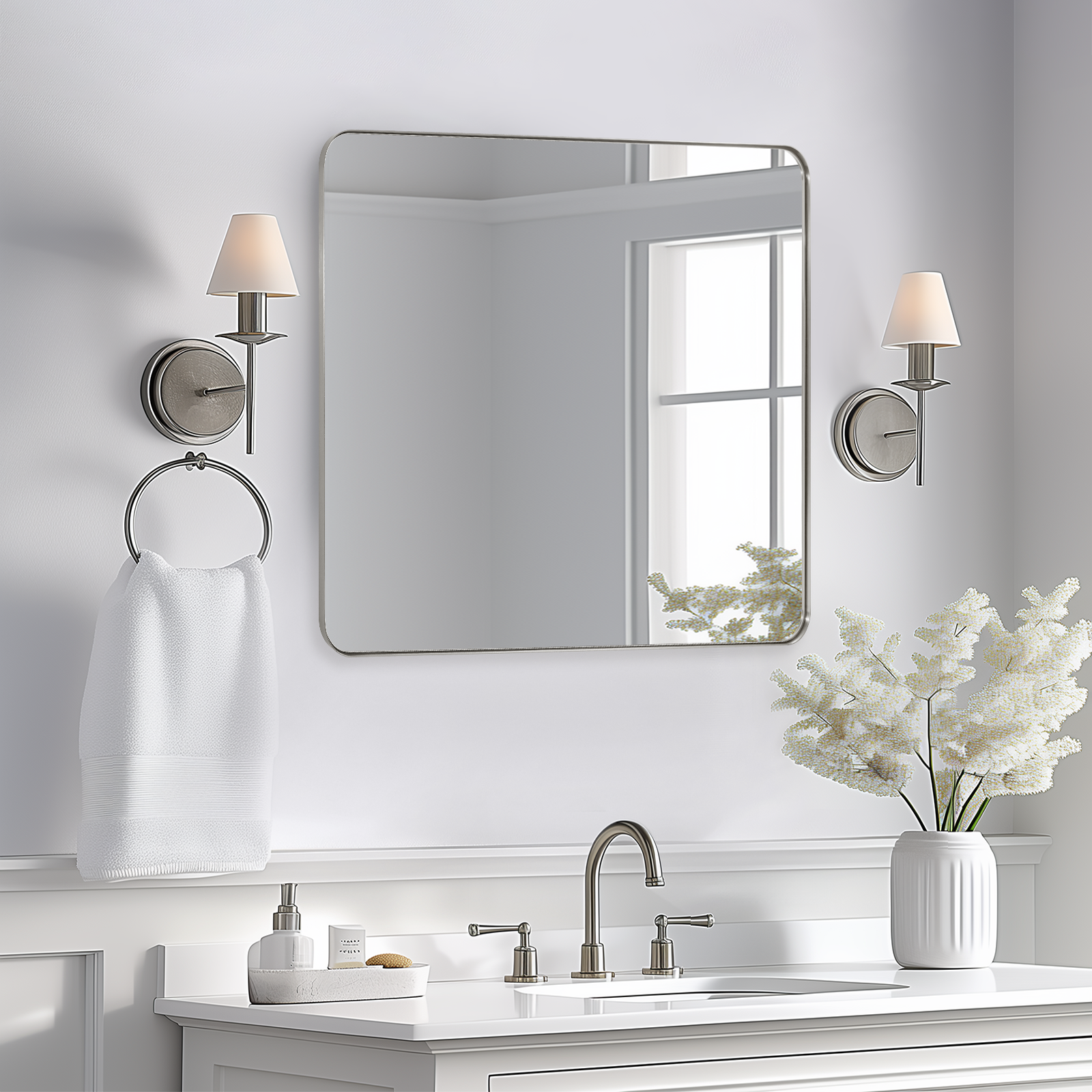 Modern Rounded Rectangle Mirror for Bathroom/ Vanity/ Wall | Stainless Steel Frame