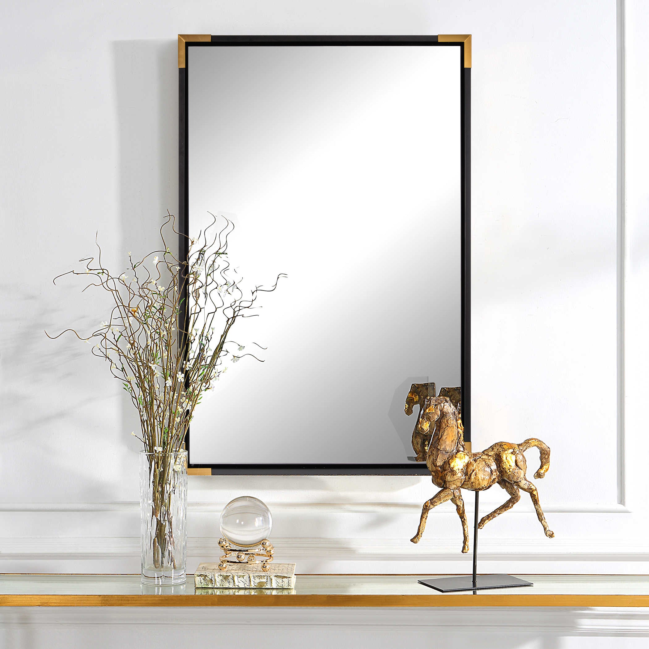 Rustic Black Pine Wooden Rectangle Wall Mirrors, Gold Corner Rectangular Mirror