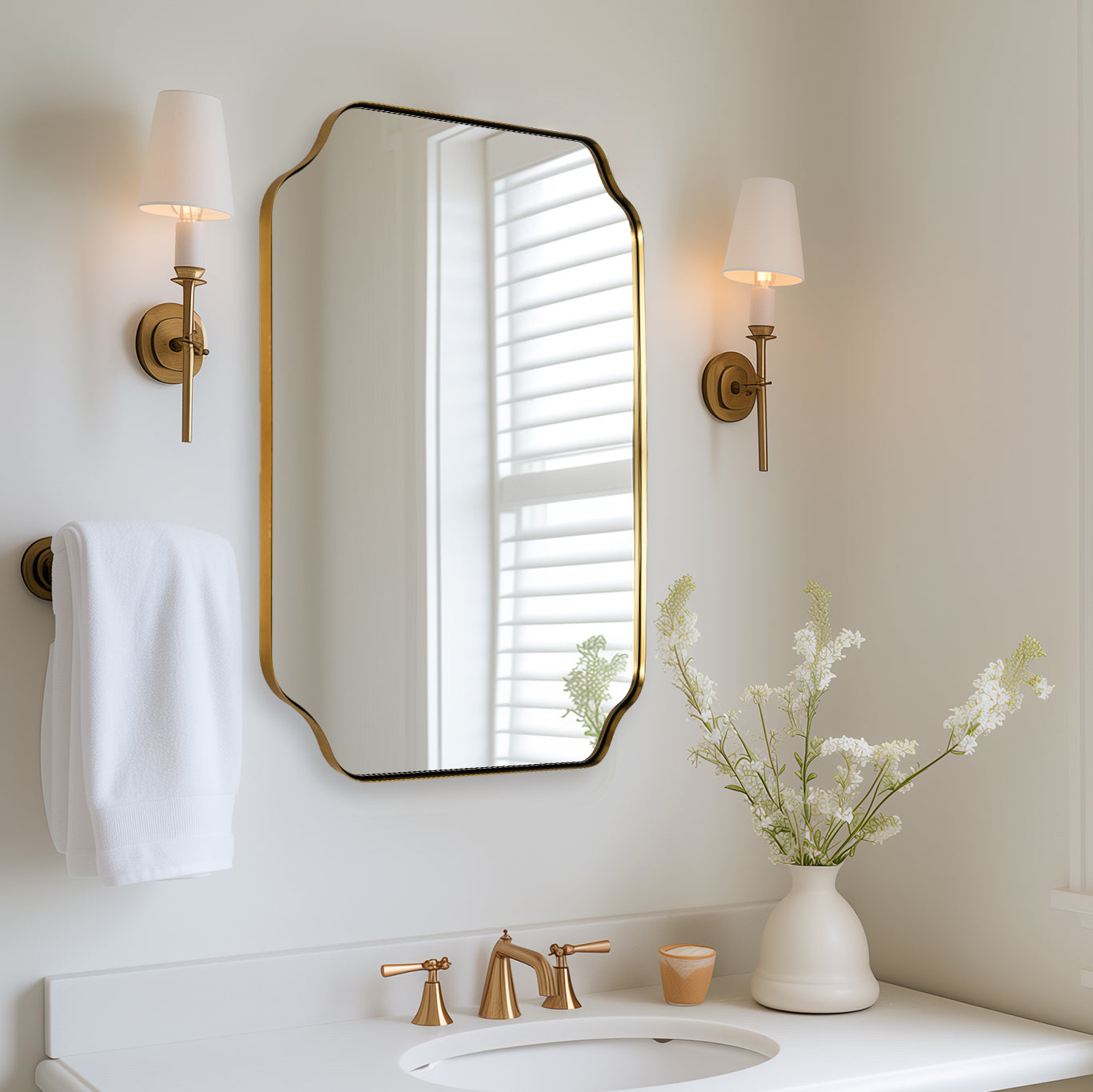 Contemporary Notched Corner Rectangle Scalloped Mirror for Wall /Bathroom | Stainless Steel Frame