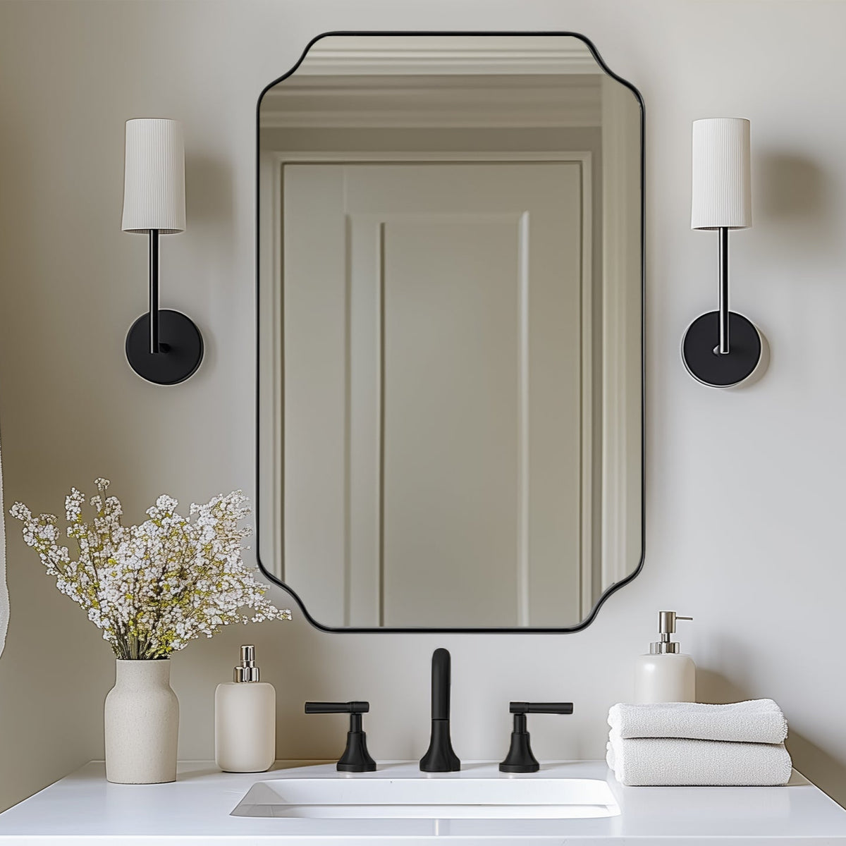 Open Box Like New：Notched Corner Rectangle Scalloped Mirror | Stainless Steel Frame