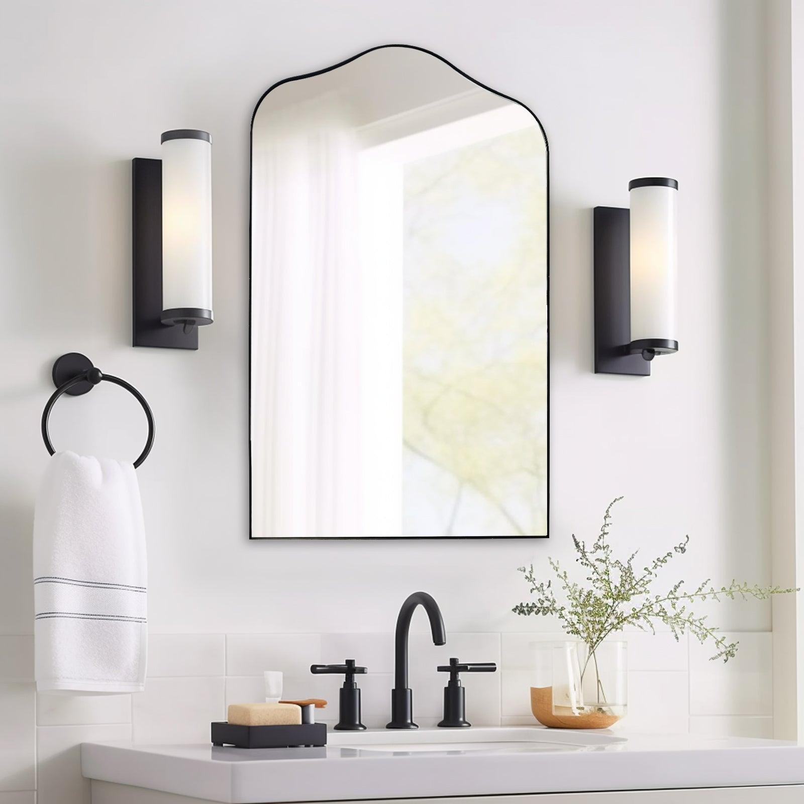 Contemporary Scalloped Arch Top Bathroom Mirror | Stainless Steel Frame