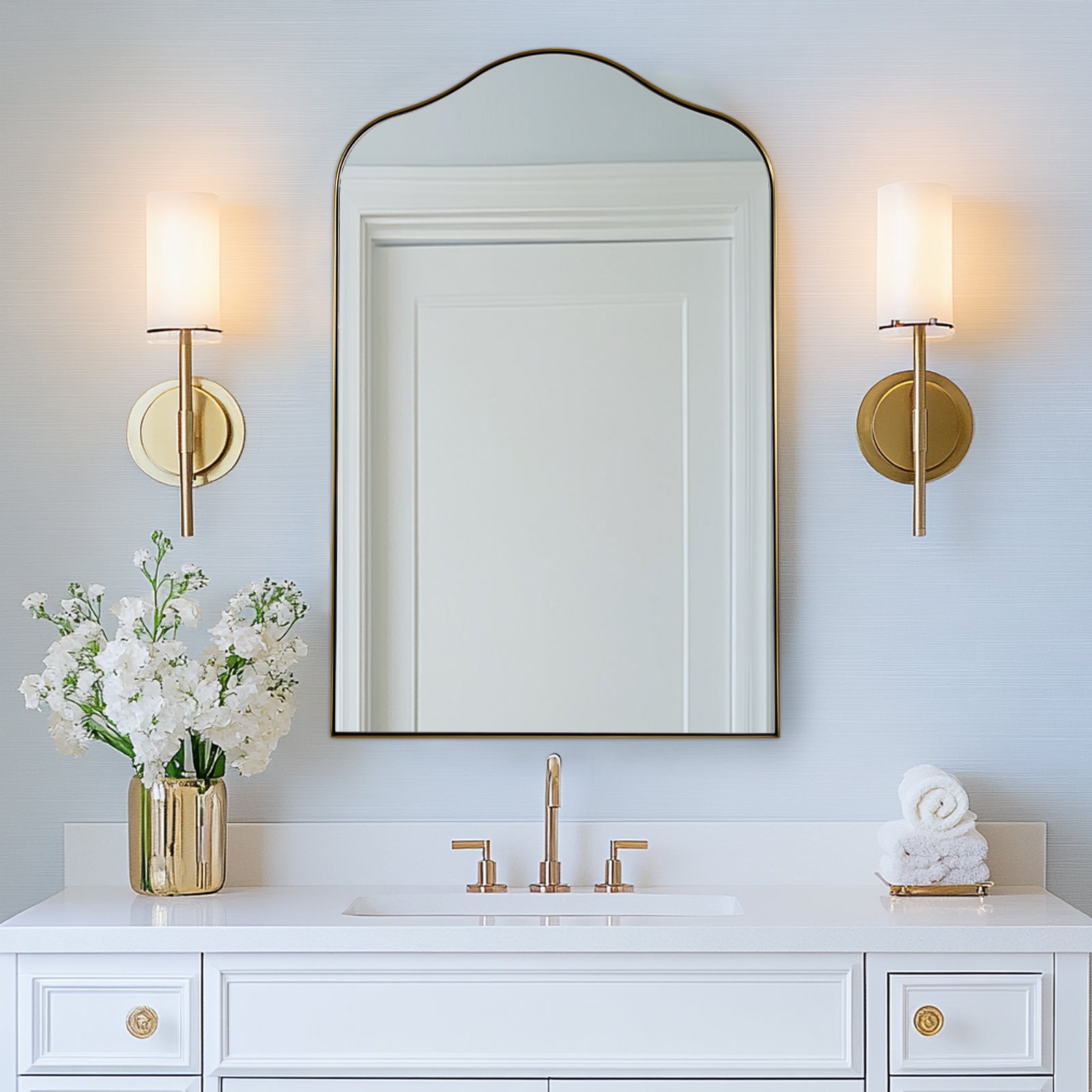 Contemporary Scalloped Arch Top Bathroom Mirror | Stainless Steel Frame