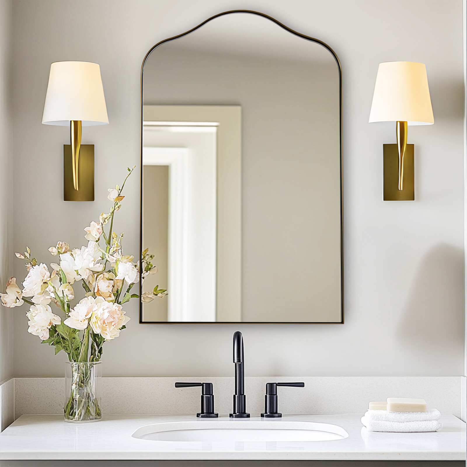 Contemporary Scalloped Arch Top Bathroom Mirror | Stainless Steel Frame