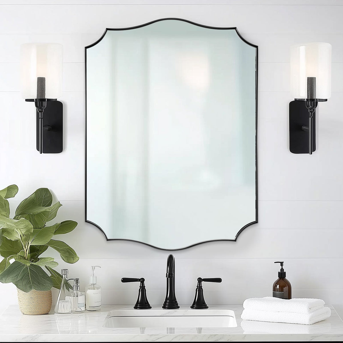 Traditional Rectangle Scalloped  Wall Mirror for Bathroom | Stainless Steel Frame