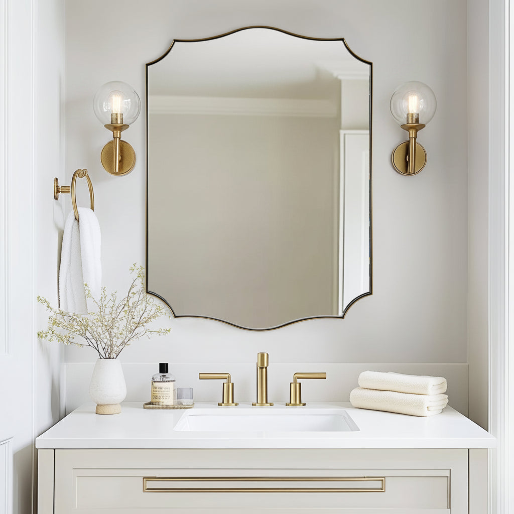 Traditional Rectangle Scalloped  Wall Mirror for Bathroom | Stainless Steel Frame