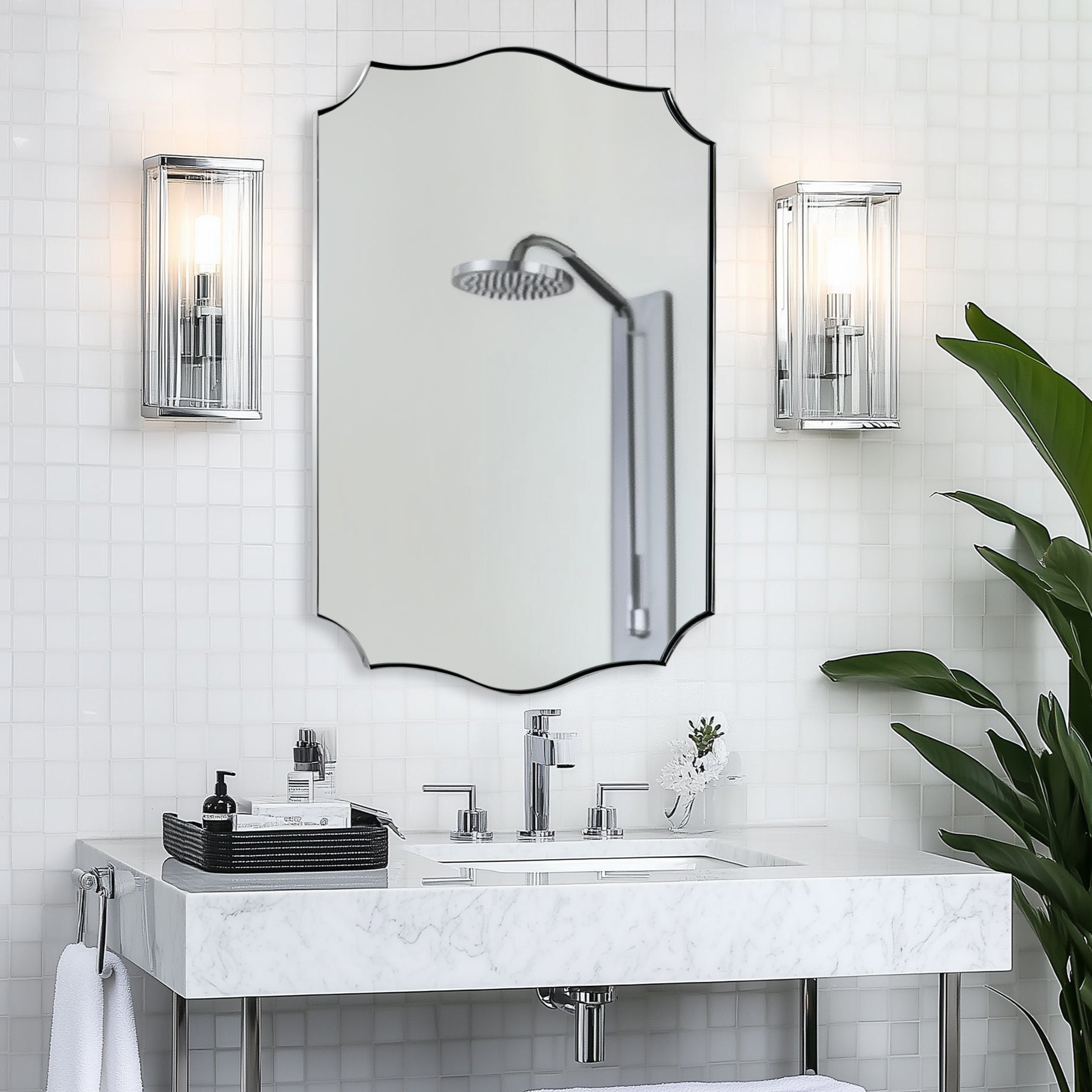 Traditional Rectangle Scalloped  Wall Mirror for Bathroom | Stainless Steel Frame