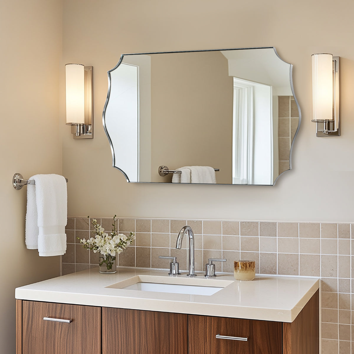 Traditional Rectangle Scalloped  Wall Mirror for Bathroom | Stainless Steel Frame