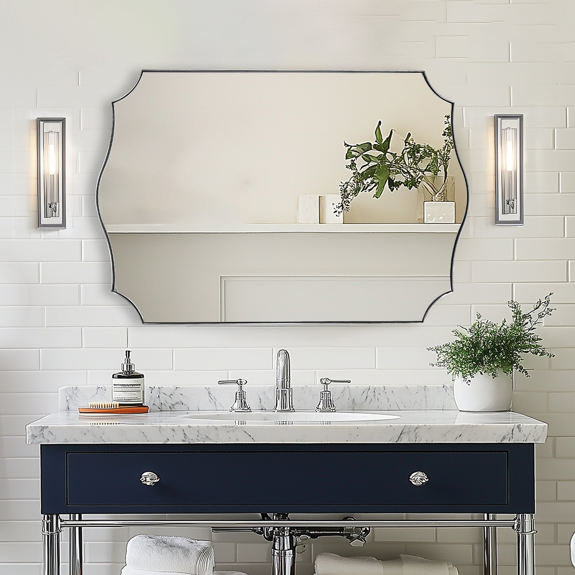 Traditional Rectangle Scalloped  Wall Mirror for Bathroom | Stainless Steel Frame