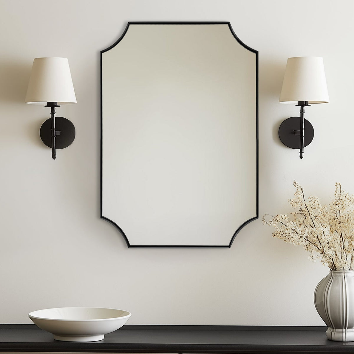 Open Box Like New : Notched Corner Scalloped  Rectangle Bathroom Vanity Mirror | Stainless Steel Farme