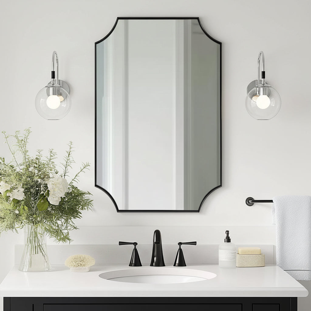Modern Cut Corner Scalloped  Rectangle Bathroom Vanity Mirror | Stainless Steel Frame