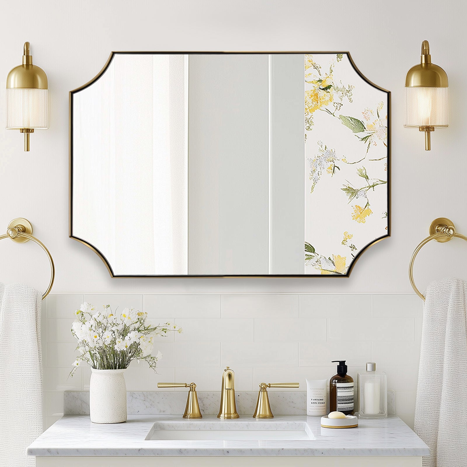 Contemporary  Notched Corner Scalloped  Rectangle Bathroom Wall Mirror | Stainless Steel Frame