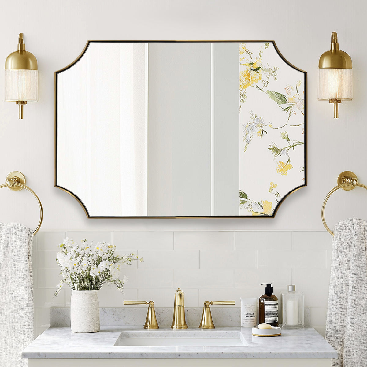 Open Box Like New : Notched Corner Scalloped  Rectangle Bathroom Vanity Mirror | Stainless Steel Farme