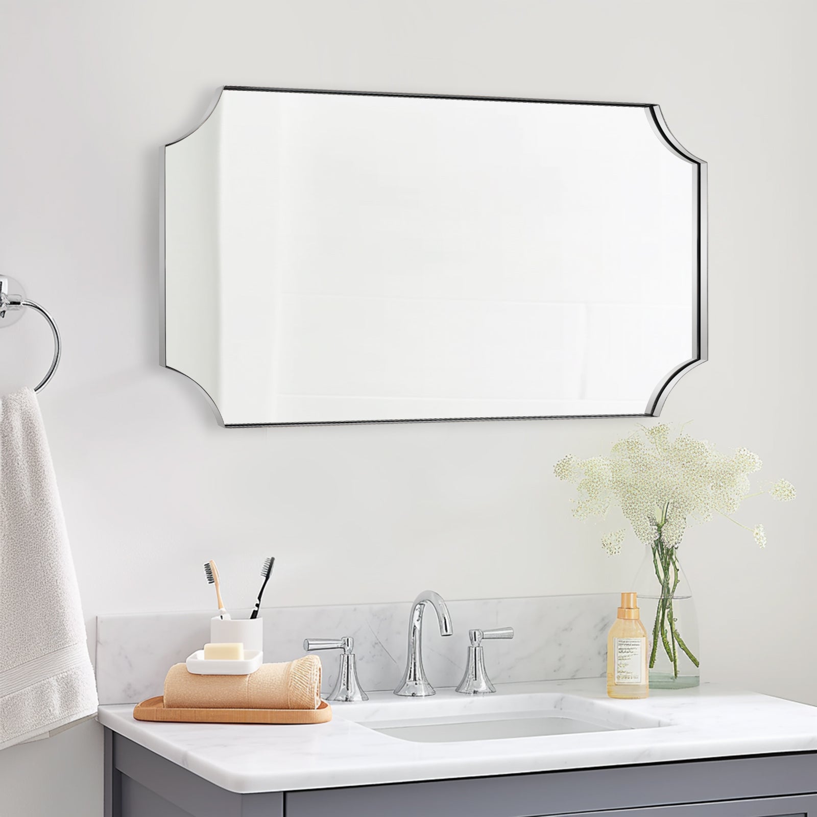 Contemporary  Notched Corner Scalloped  Rectangle Bathroom Wall Mirror | Stainless Steel Frame