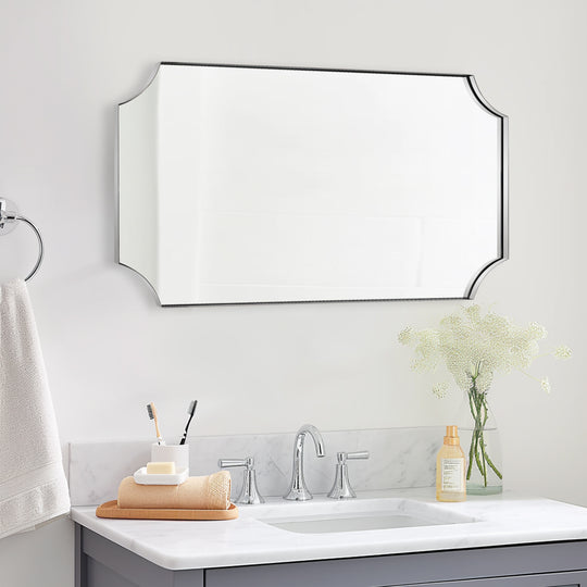 Contemporary  Notched Corner Scalloped  Rectangle Bathroom Wall Mirror | Stainless Steel Frame