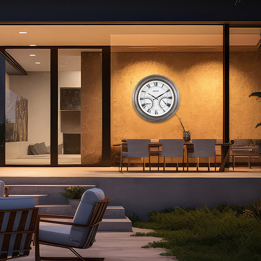 Modern Large Outdoor Wall Clock with Thermometer Waterproof Illuminated,24 Inch