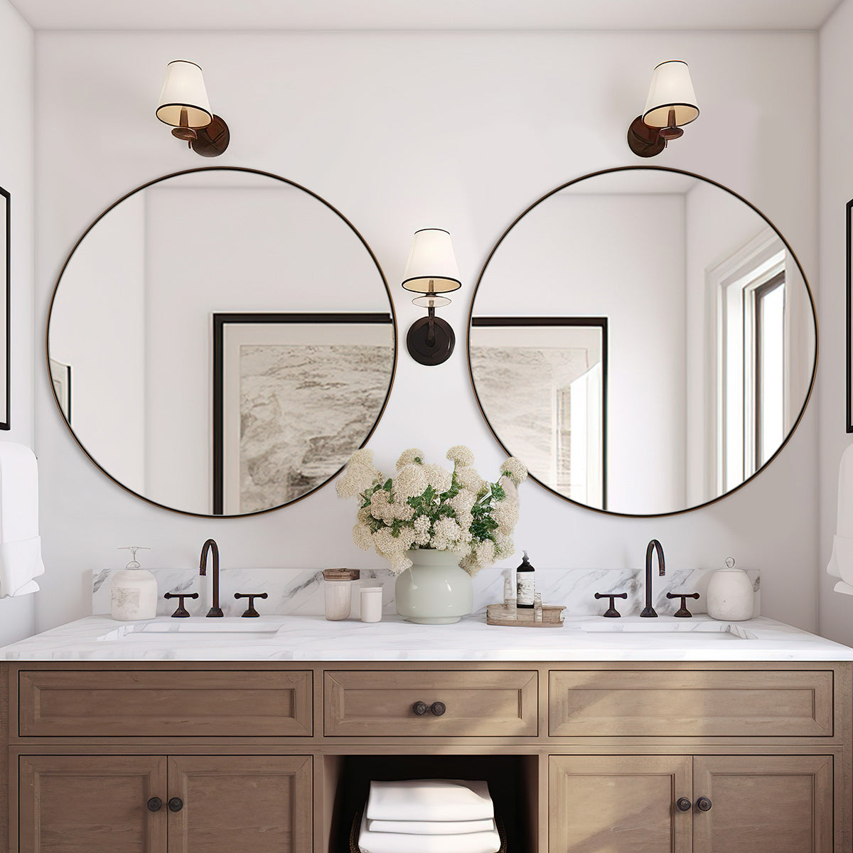 Contemporary Round Mirror for Bathroom | Stainless Steel Frame