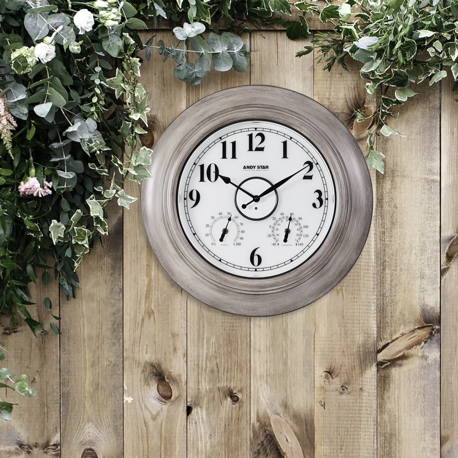 French Indoor Outdoor Weatherproof Large Lighted Clocks Wall Clock with Thermometer  for Patio, Garden