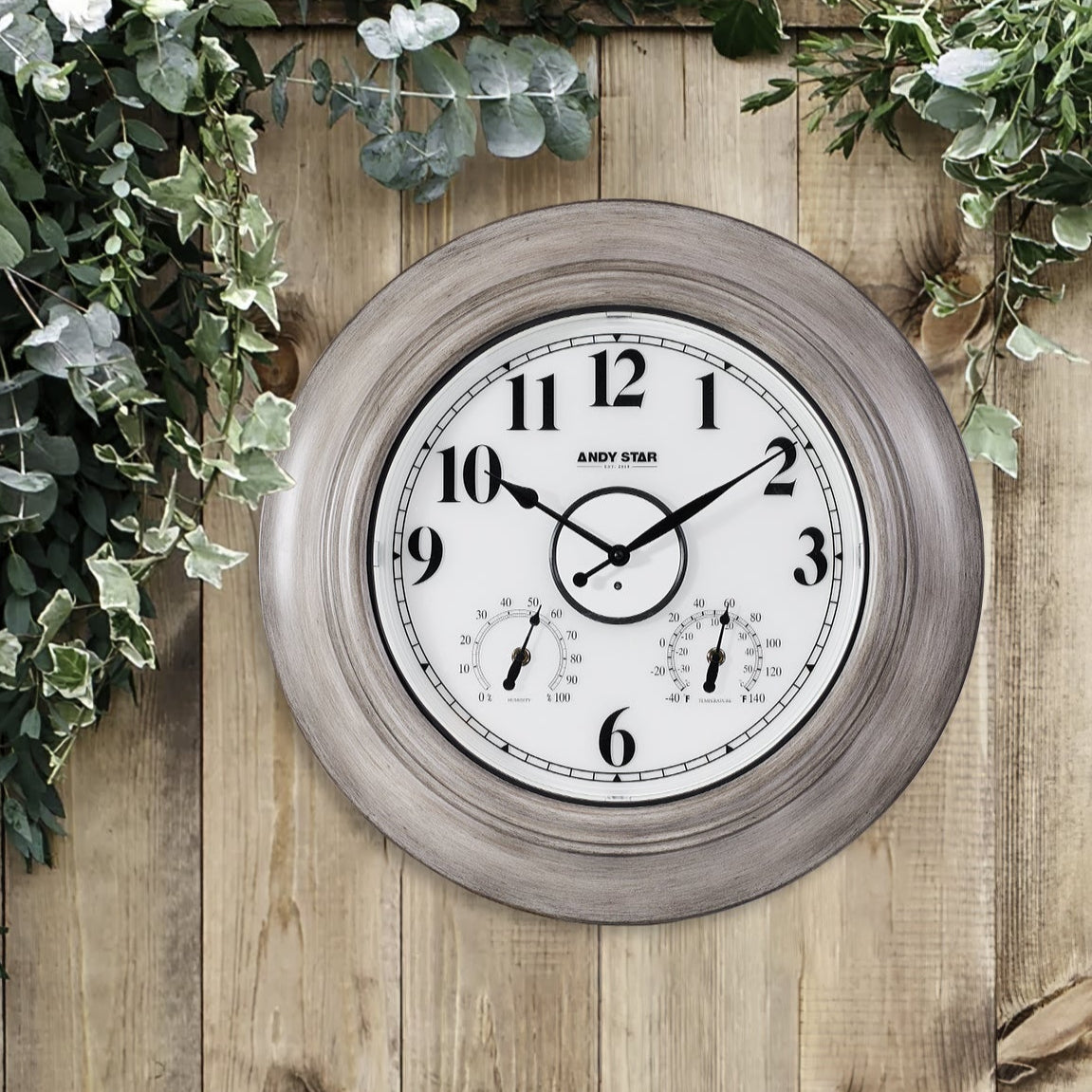 Oak 21 inch Illuminated  Outdoor Clocks with Thermometer Weatherproof Waterproof Bathroom Wall Clock