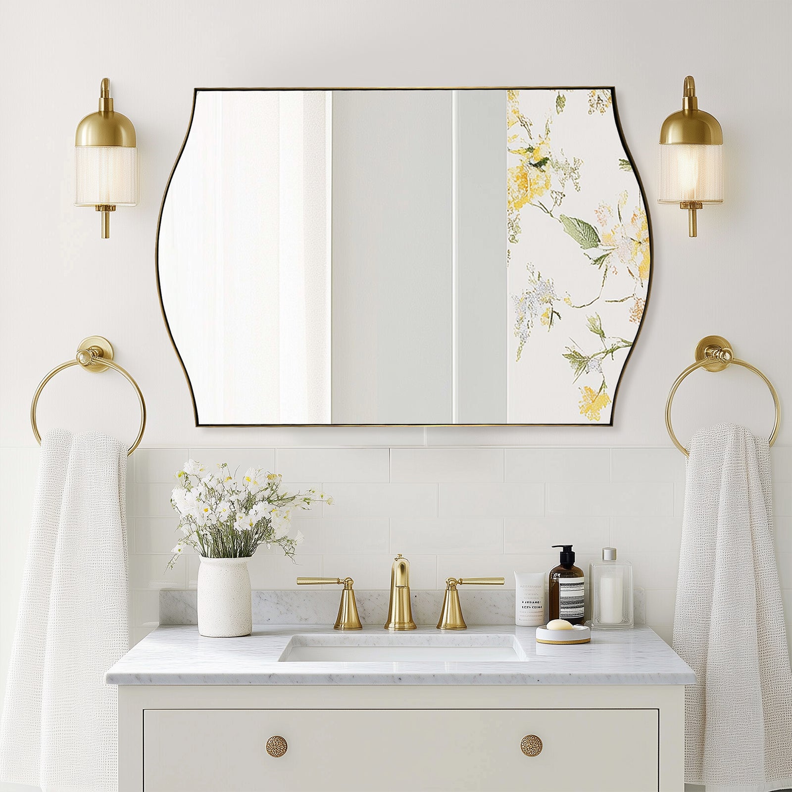 Curve Dual Arch Rectangular Scalloped  Bathroom Wall Mirror Brushed Gold |Stainless Steel Framed