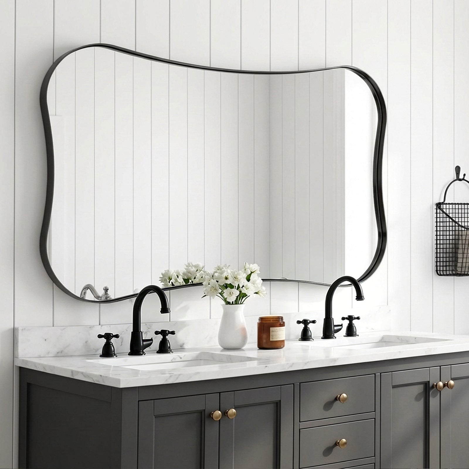 Contemporary Dual  Concave Edge Rouded Scalloped Rectangle Wall Mirror | Stainless Steel Frame