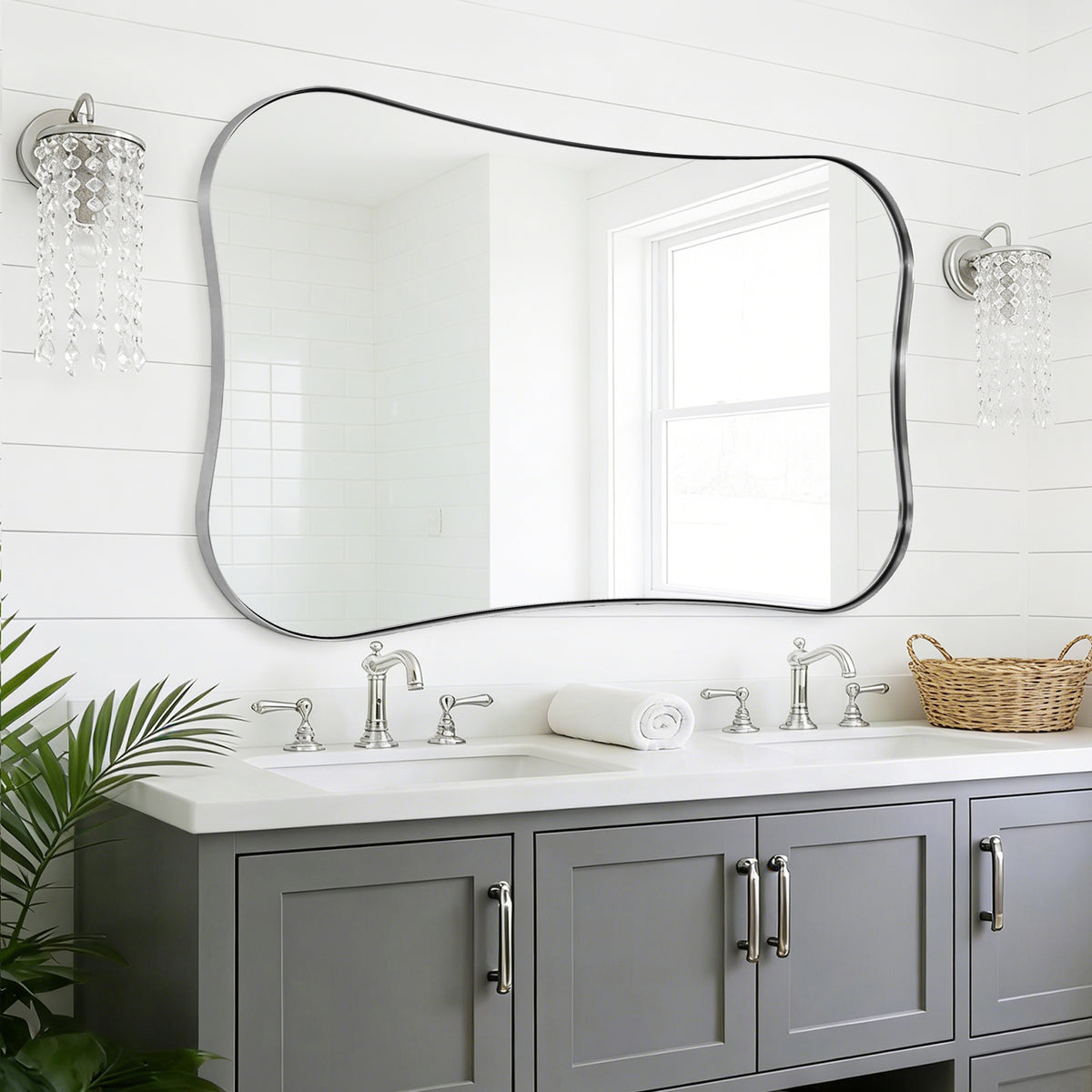 Contemporary Dual  Concave Edge Rouded Scalloped Rectangle Wall Mirror | Stainless Steel Frame