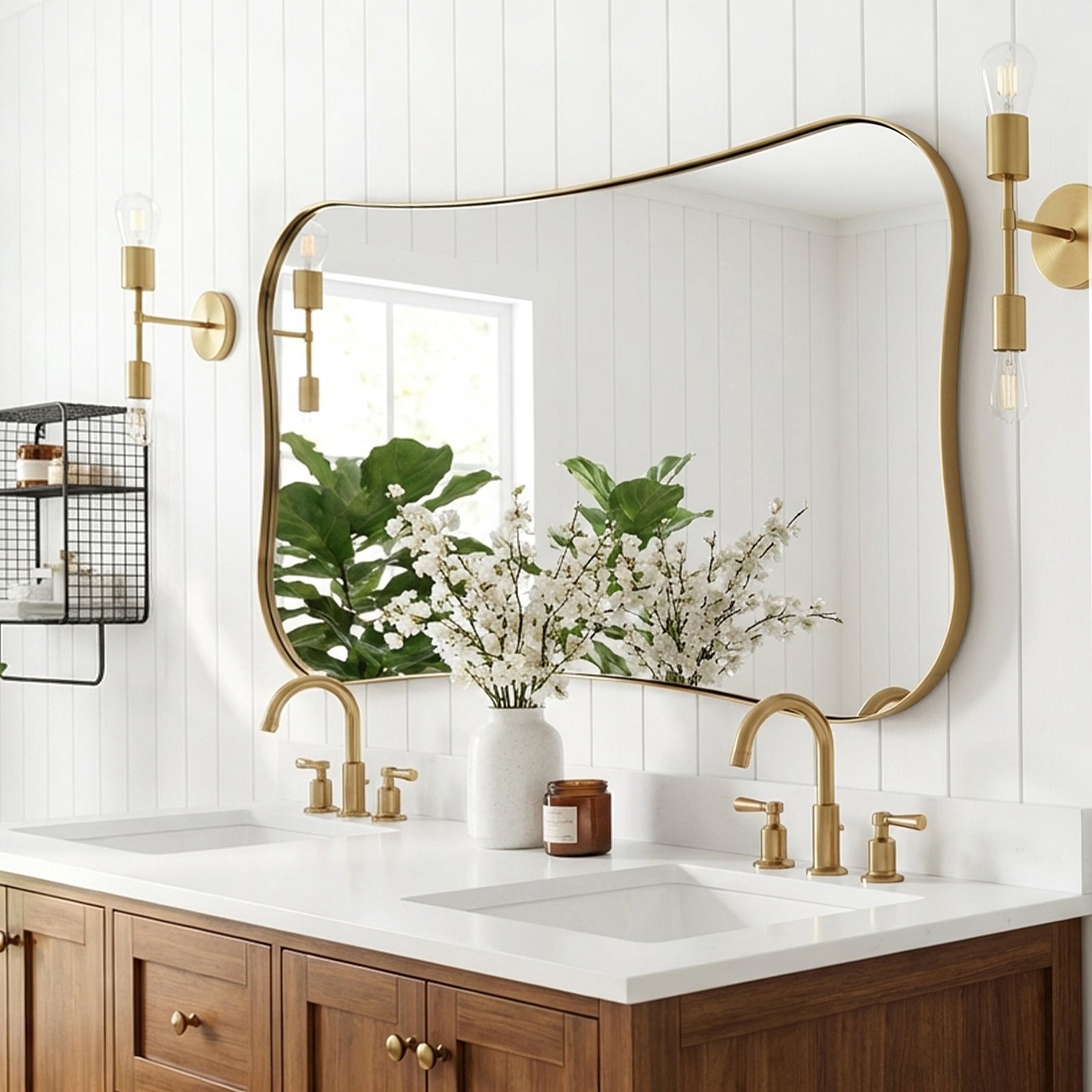 Contemporary Dual  Concave Edge Rouded Scalloped Rectangle Wall Mirror | Stainless Steel Frame