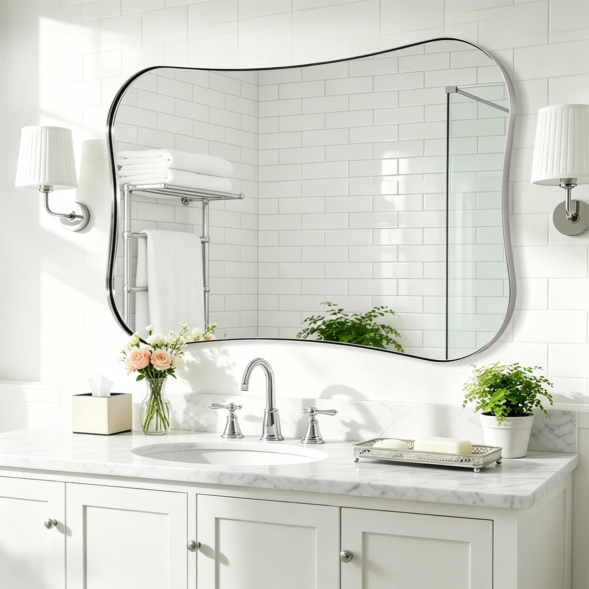 Contemporary Dual  Concave Edge Rouded Scalloped Rectangle Wall Mirror | Stainless Steel Frame