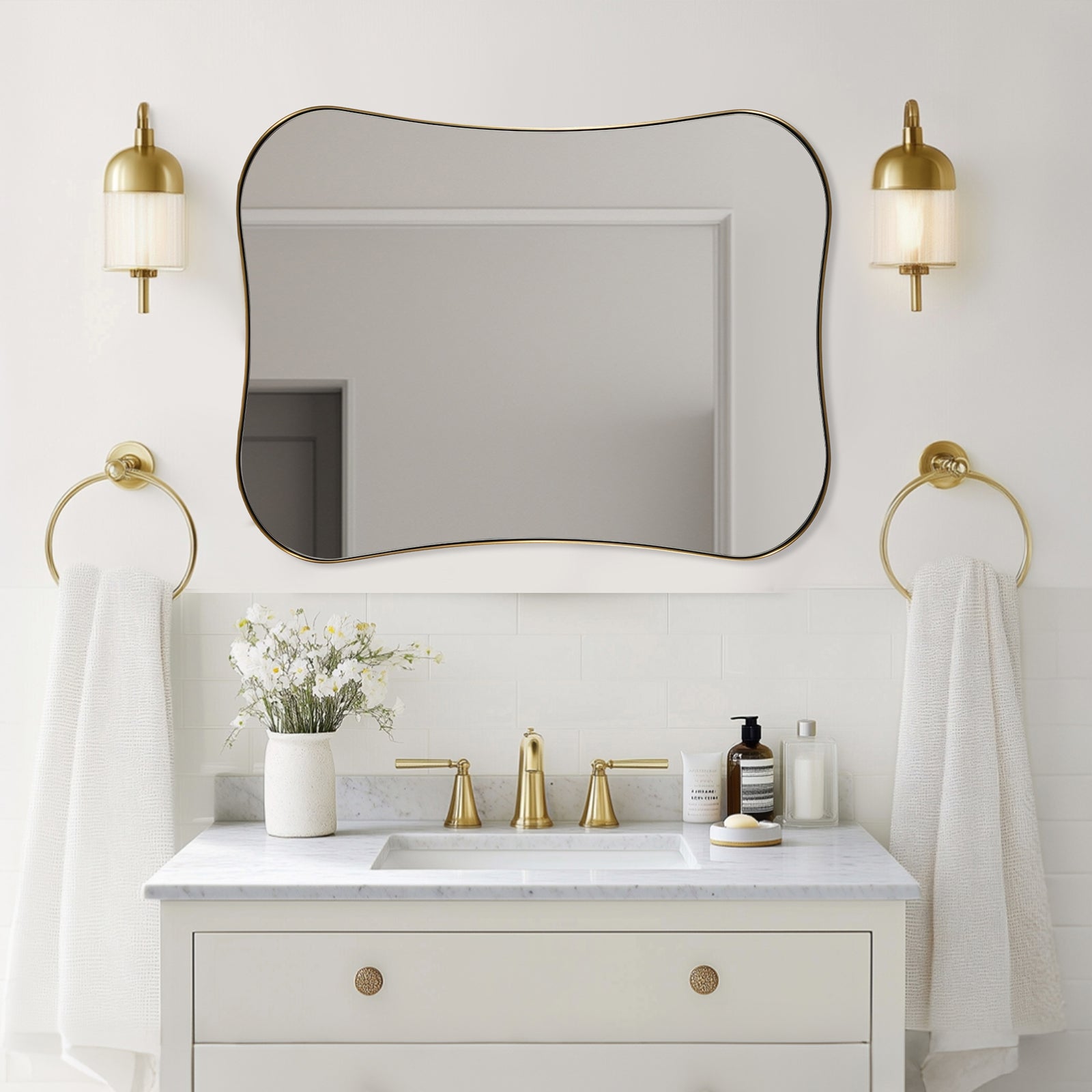 Contemporary Dual  Concave Edge Rouded Scalloped Rectangle Wall Mirror | Stainless Steel Frame